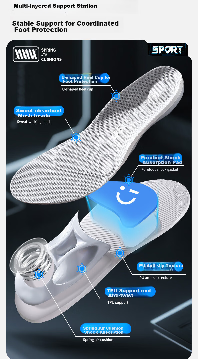 MINISO Spring Air Cushion Sports Insoles Shock Absorption Soft Breathable Arch Support for Long Standing Size 35-38 3