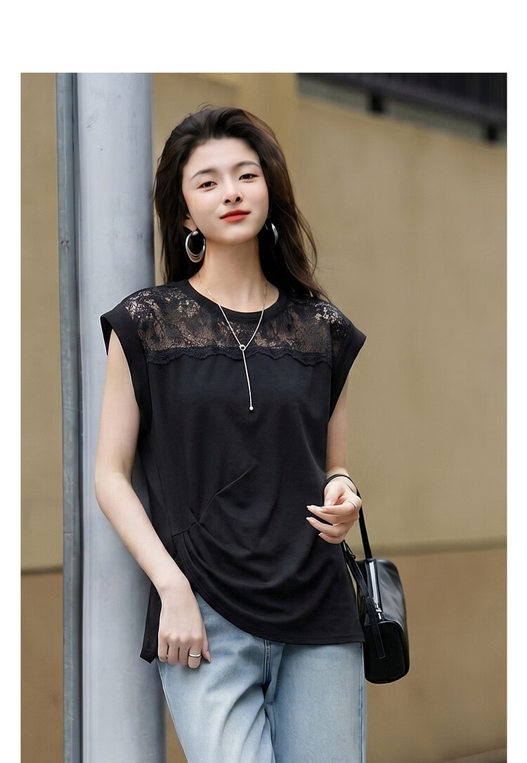 Demana [Cooling Black Technology Sorona] Summer Elegant Lace Splice Crew Neck Pleated Hem Short Sleeve Women's T-Shirt 3