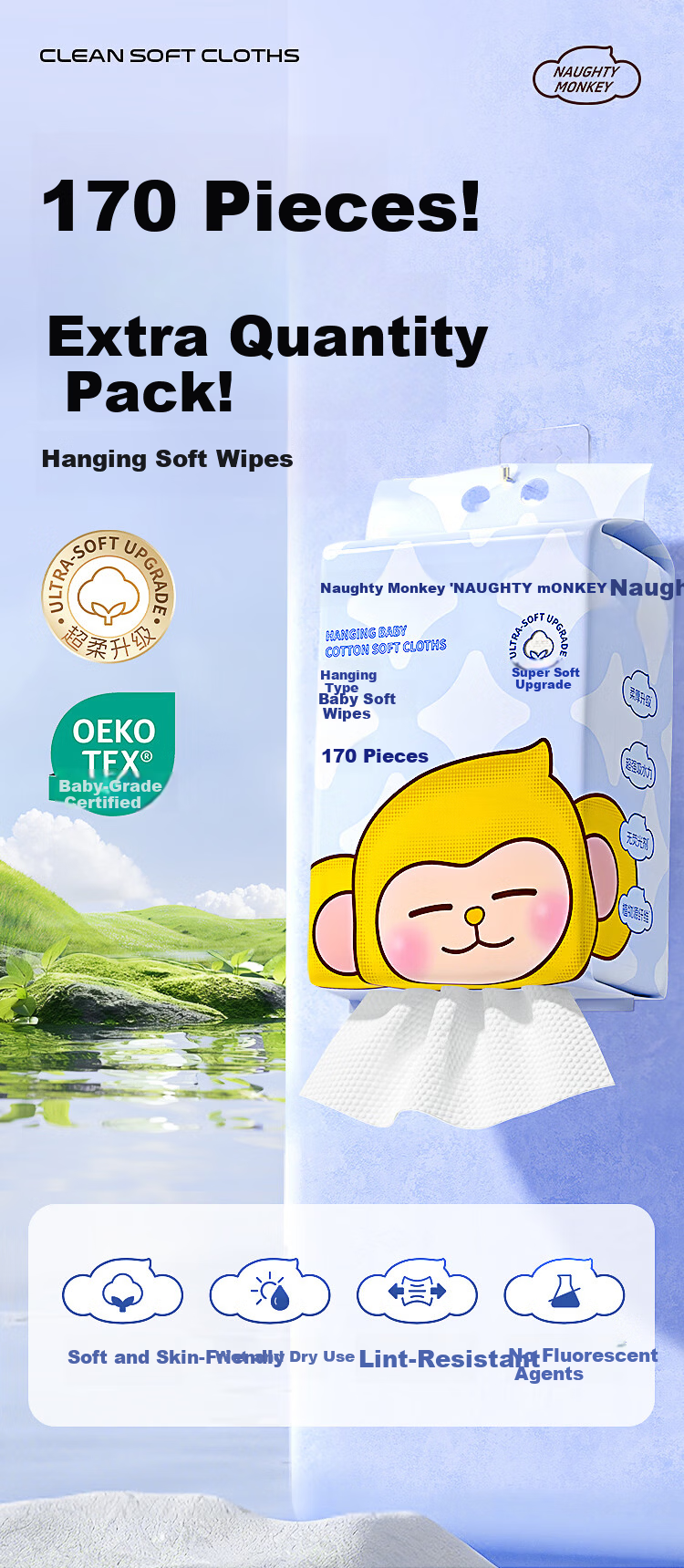 Naughty Monkey Facial Wipes 170 Sheets x 2 Packs Disposable Pearl Texture Baby Soft Towels Face Cleansing Hanging Wall-Mounted 1