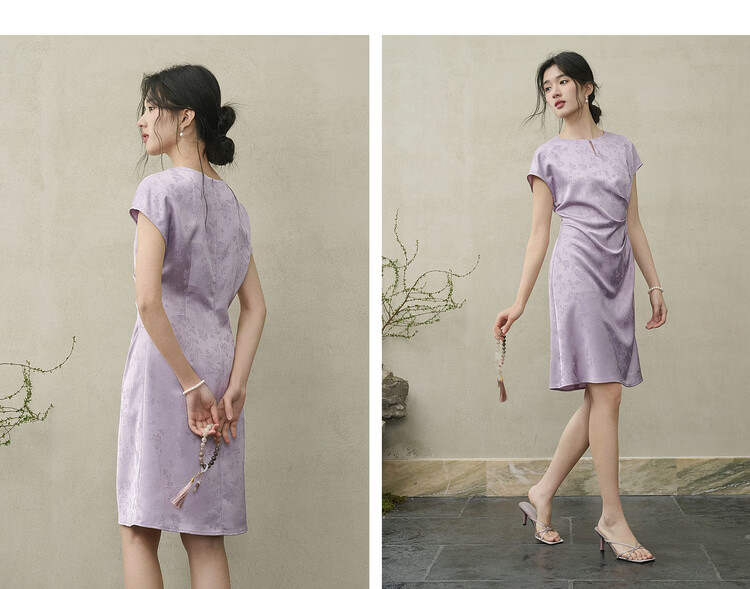 Shangdu Bila Elegant Slimming National Style Summer Dress for Women with Beaded Buttons, Round Neck, Flutter Sleeves, A-Line Jacquard Mid-Length Dress 13