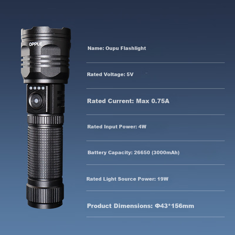 OPPLE LED High-Power Flashlight Zoomable Ultra-Bright Long-Range Laser Tactical Outdoor Cycling Military Portable Lamp 19W-18000K 43*156mm