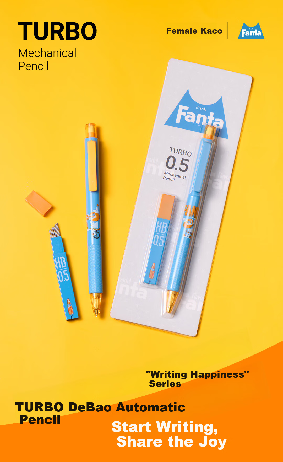 KACO Fanta Collaboration TURBO Mechanical Pencil 0.5mm HB Student Automatic Pencil with Carded Packaging (1 Pen + 1 Box of Leads) 1