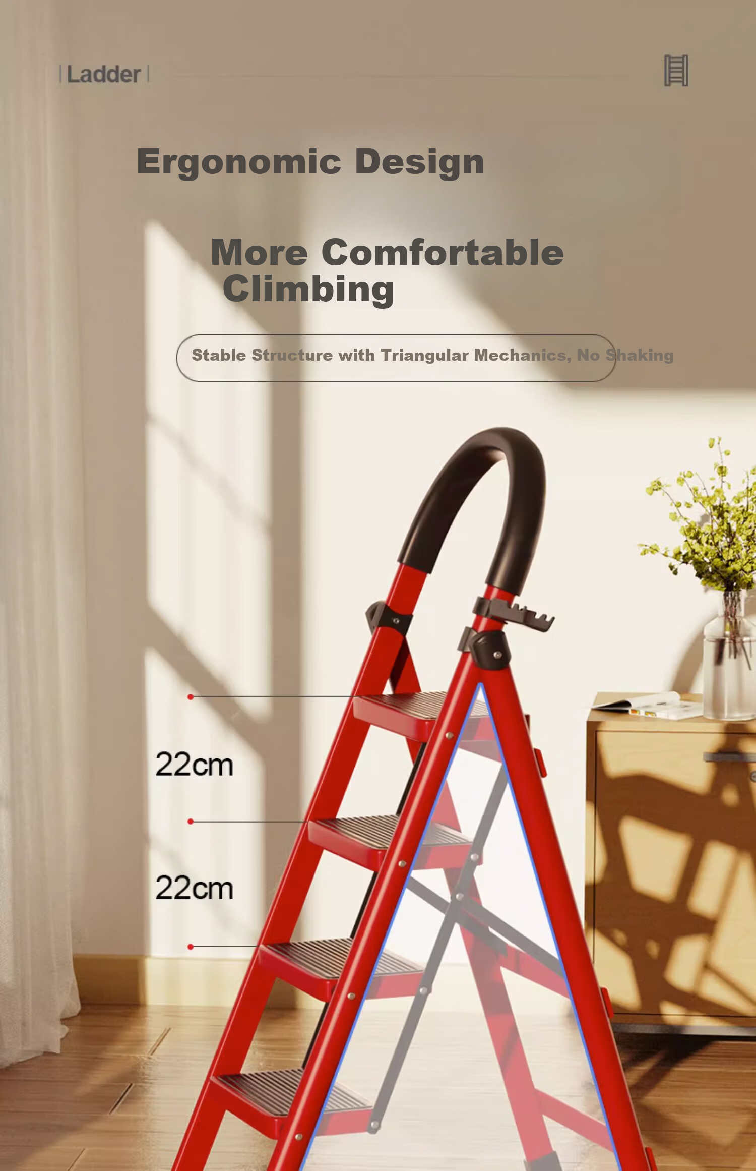 YuanNai Qiaoqian Household Folding Ladder Engineering Ladder Multifunctional A-Frame Thickened Indoor Staircase - Red Seven Steps 8
