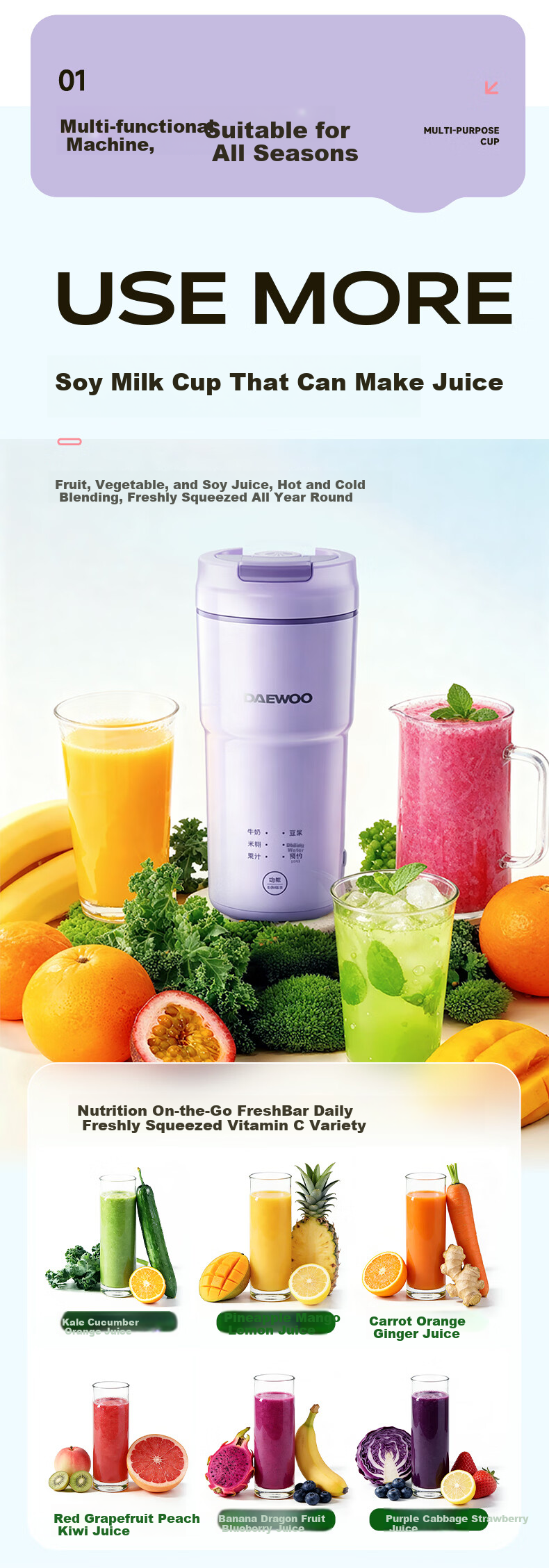 DAEWOO Mini Soy Milk Maker Smart Insulation Fully Automatic Portable Fresh Juice Extractor Direct Drinking No Filter Small Household Blender SM19 Purple 6