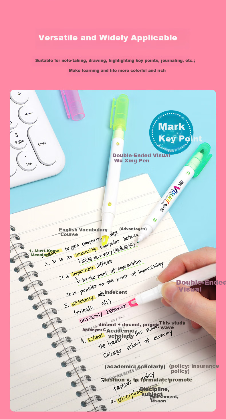 BAOKE MP4913 Double-Ended Highlighter Pen, Children's Day Gift for Girls, Visible Window Key Marker, Student Journal Pen, Doodle and Drawing Pen, 5 Pieces/Box 4