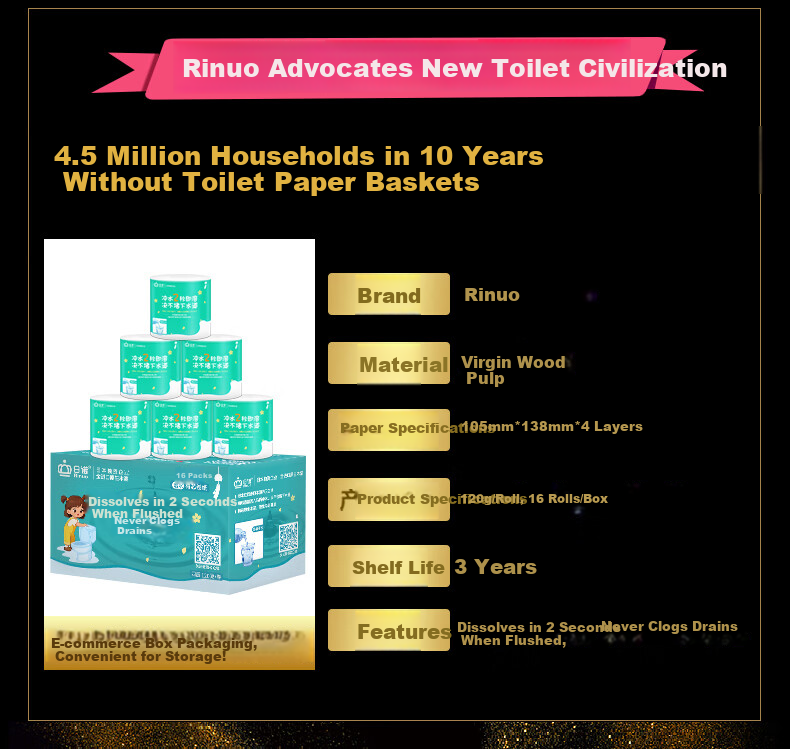 Rinuo Water-Soluble Toilet Paper, Coreless Roll, 4-Ply, 120g, 16 Rolls per Box 2