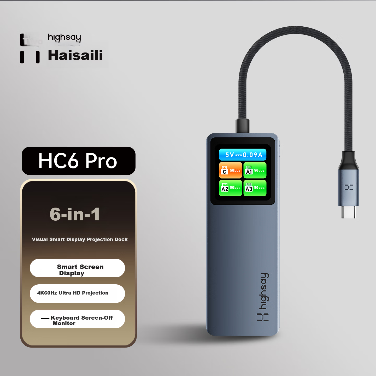 Highsay HC6 Pro Smart Display 4K HDMI Expansion Dock Type-C Phone Gaming Laptop Apple MacBook Neo Interface Adapter