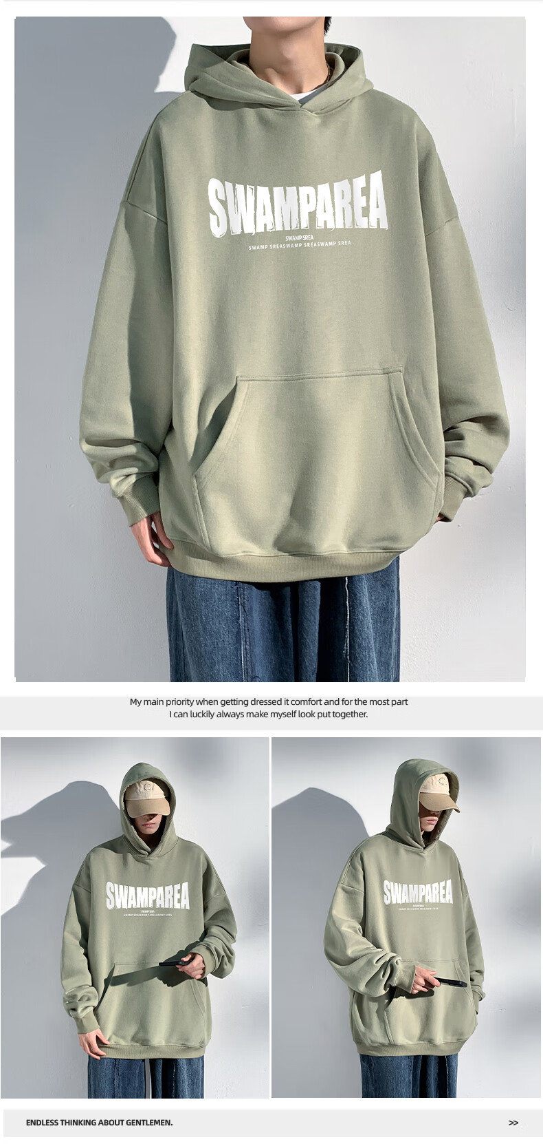 SWAMP AREA American-Style Hooded Men's Sweatshirt, Spring And Summer Loose-Fitting Heavy Casual College-Style Pullover Top, SAR02 Black L 5