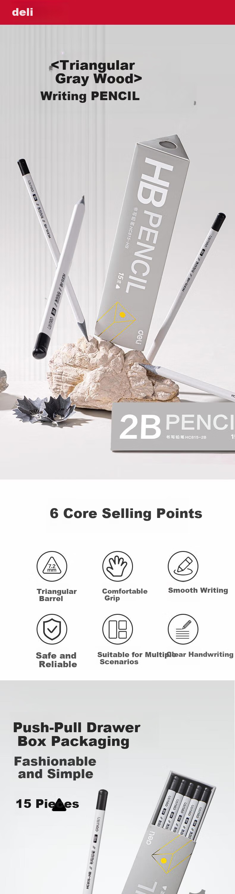 Deli 15-Pack 2B White Gray Wood Triangular Writing Pencils for Drawing Doodling Sketching Exam Filling HC815-2B Student School Stationery 1