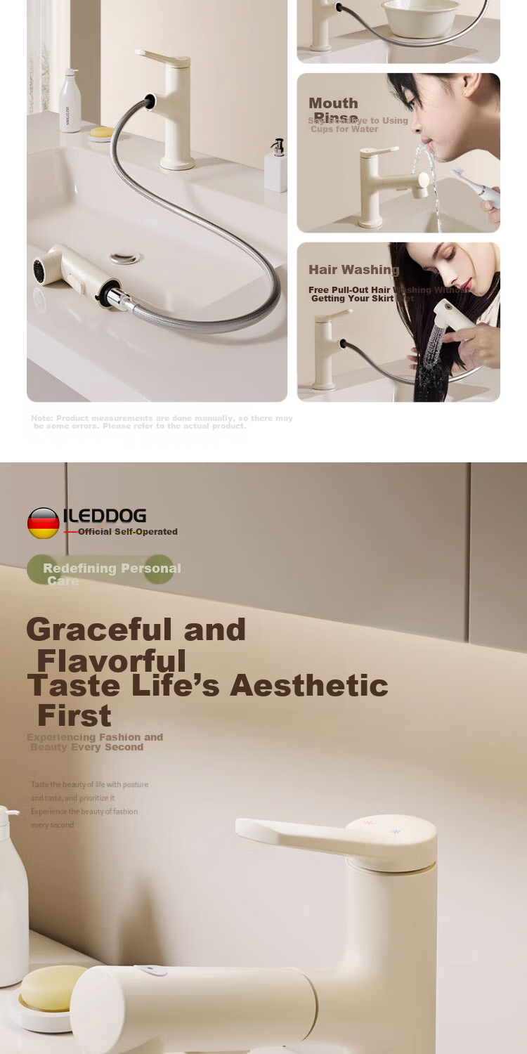 ILeddog [Germany] All-Copper Body Pull-Out Basin Faucet for Washbasin, Bathroom Universal Swivel Faucet MPCL 5