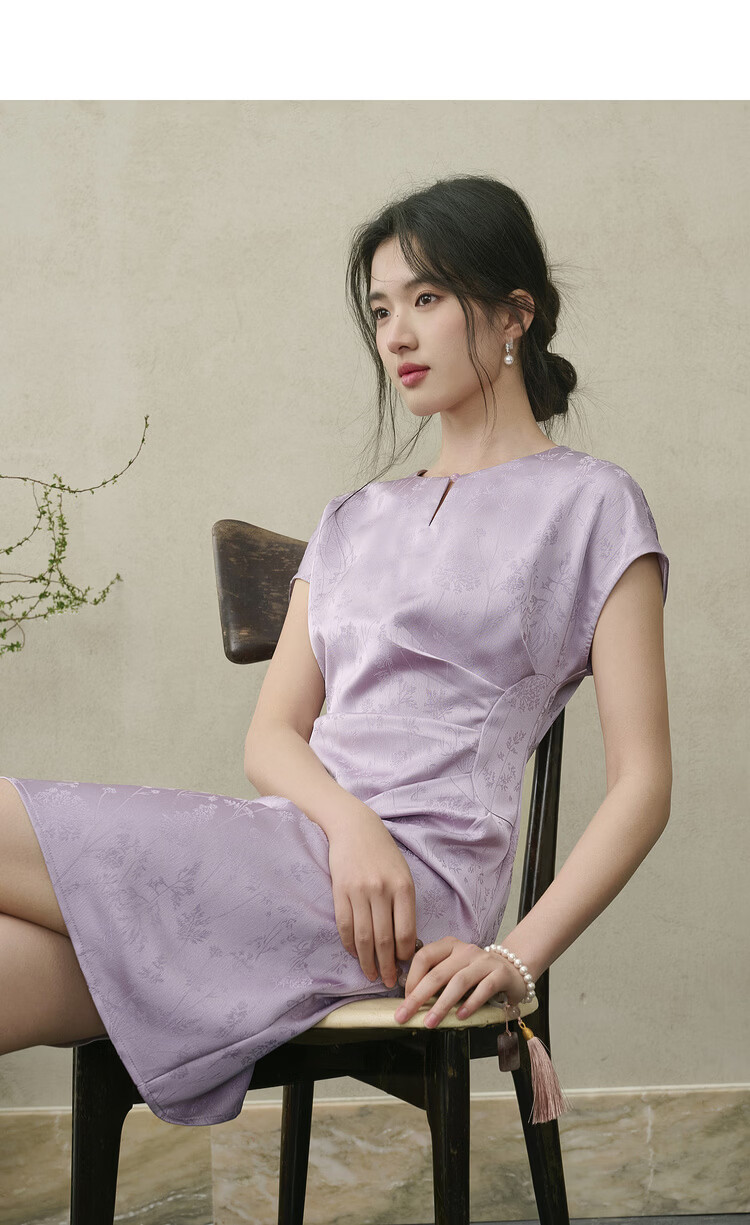 Shangdu Bila Elegant Slimming National Style Summer Dress for Women with Beaded Buttons, Round Neck, Flutter Sleeves, A-Line Jacquard Mid-Length Dress 6