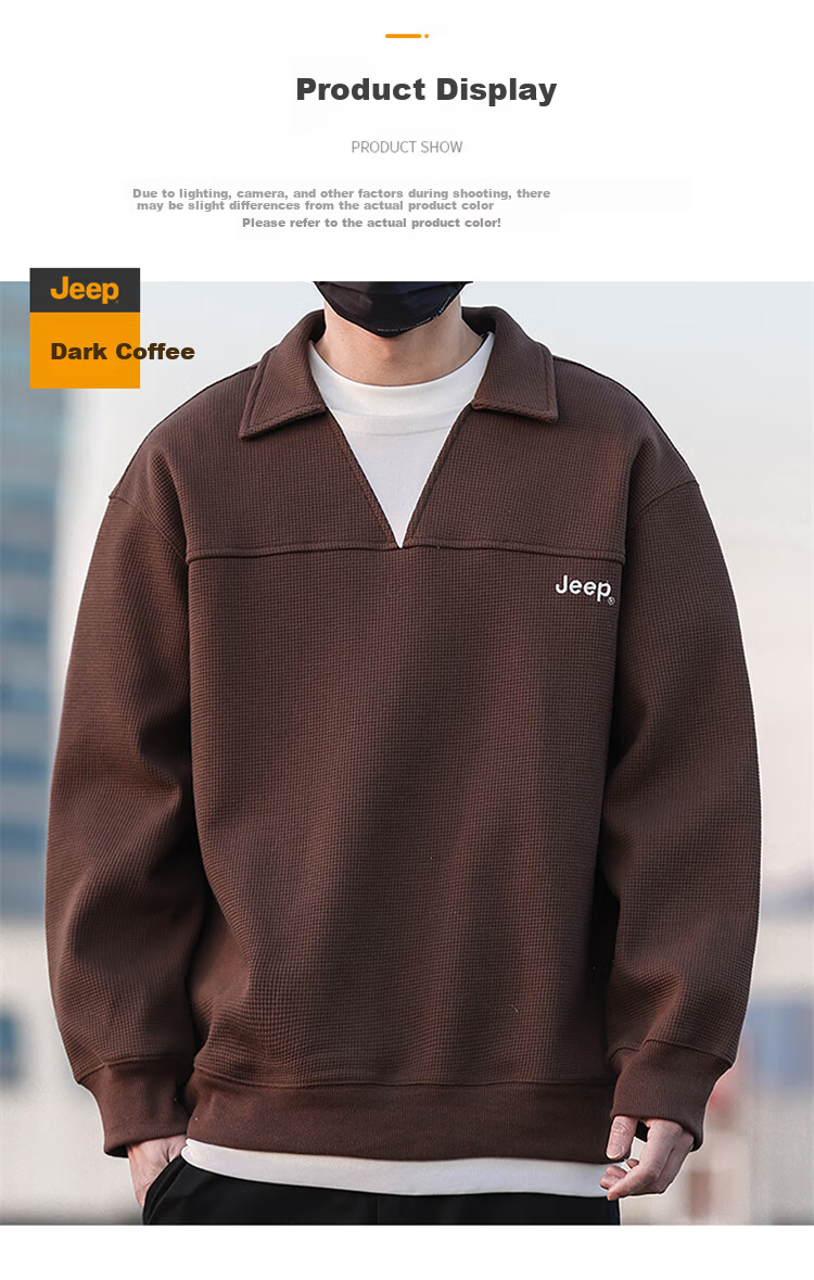 JEEP Men's Spring Autumn American Vintage Waffle Knit Polo Shirt Loose Fit Black 4XL 4