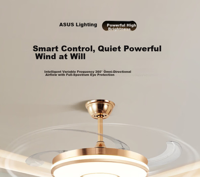 ASUS Lighting American Cree LED Silent Fan Light Modern Gold Invisible Blade Ceiling Fan Light for Dining Room and Bedroom 1