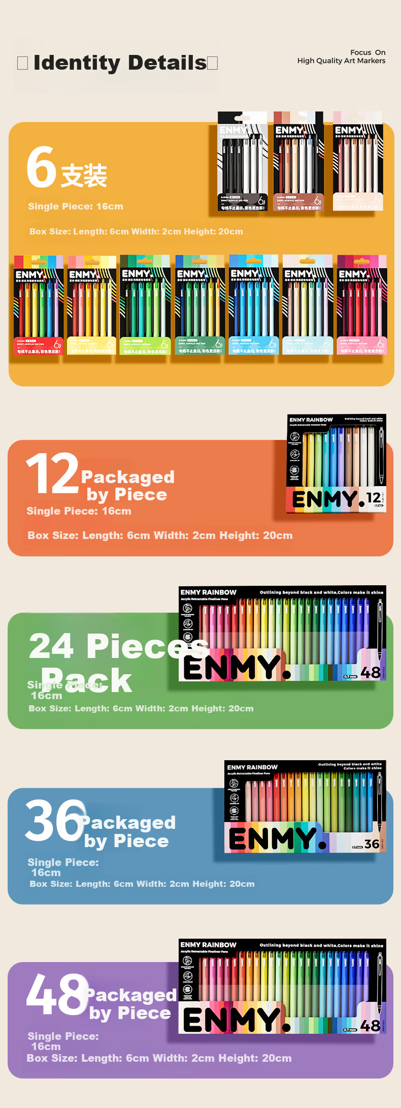 Enmy Rainbow Acrylic Liner Pen Classic Colors 6-Color/Box Professional Watercolor Art Click-Action Fine Tip Painting Pen High-Quality Full Set Marker 12