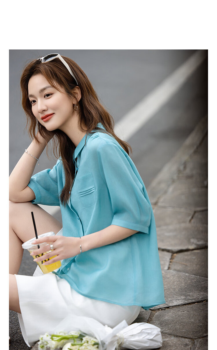 Demana [Ramie Lyocell Blend] Summer Elegant Small Turn-down Collar Pleated Patch Pocket Loose Slimming Shirt for Women High-end Feel 9