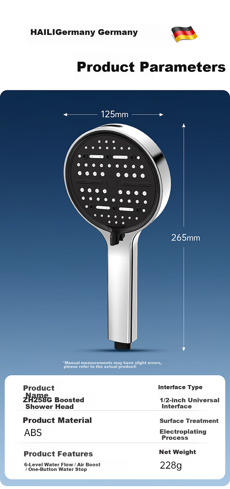 Haili High-Pressure Handheld Shower Head, Ultra-Strong Round Large Panel, Model ZH258G 17
