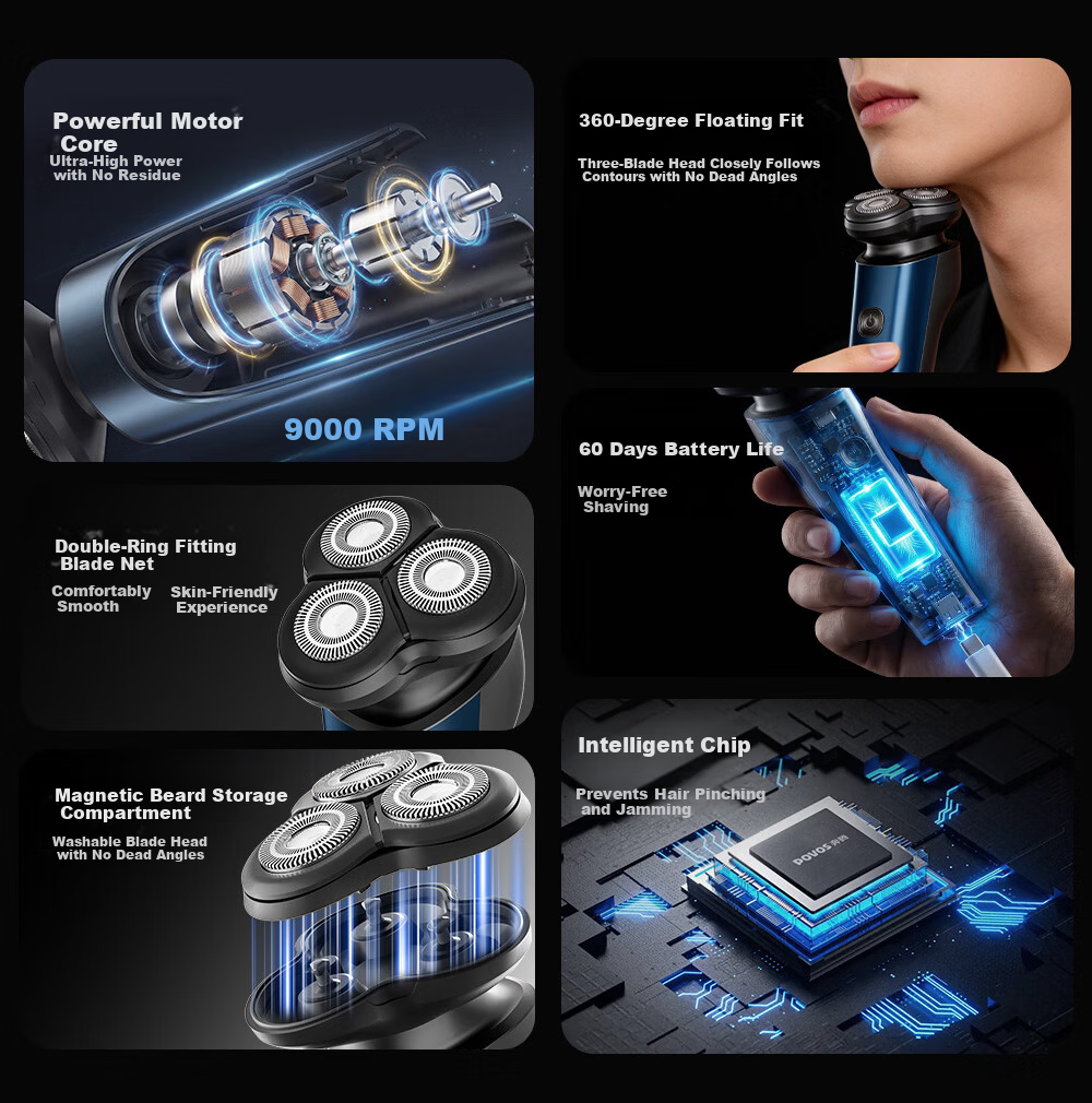 POVOS Electric Shaver Men's 1-Hour Fast Charging Portable Car Razor P200 Birthday Gift for Boyfriend Father Husband 5