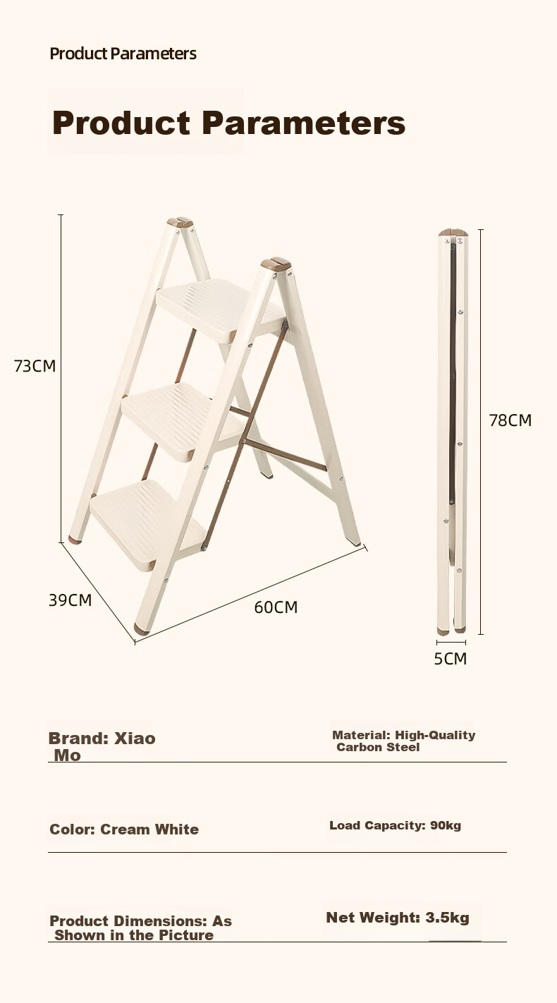 Xiaomoti Household Folding Thickened Carbon Steel A-Frame Ladder Indoor Multifunctional Step Ladder with Handrail Four-Step Ladder 17