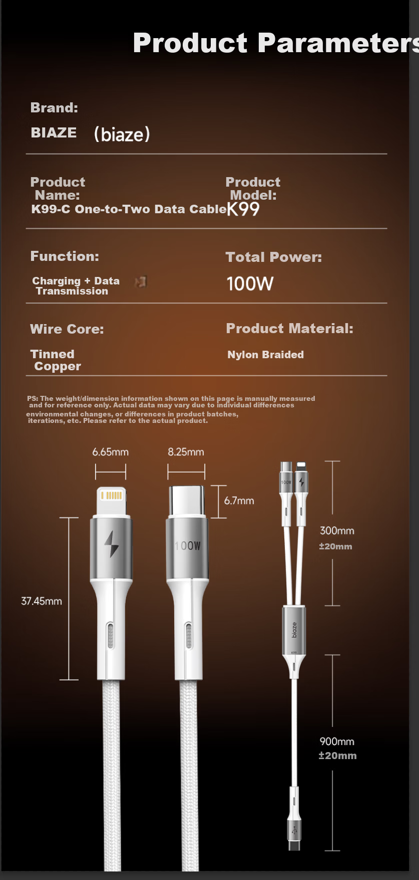 BIAZE Type-C Data Cable, 100W Super Fast Charging, Car USB-C Charging Cord, Suitable for Huawei, Honor, Xiaomi, Android, Apple IPhone 18/17/16/15 Pro Max Phones 11