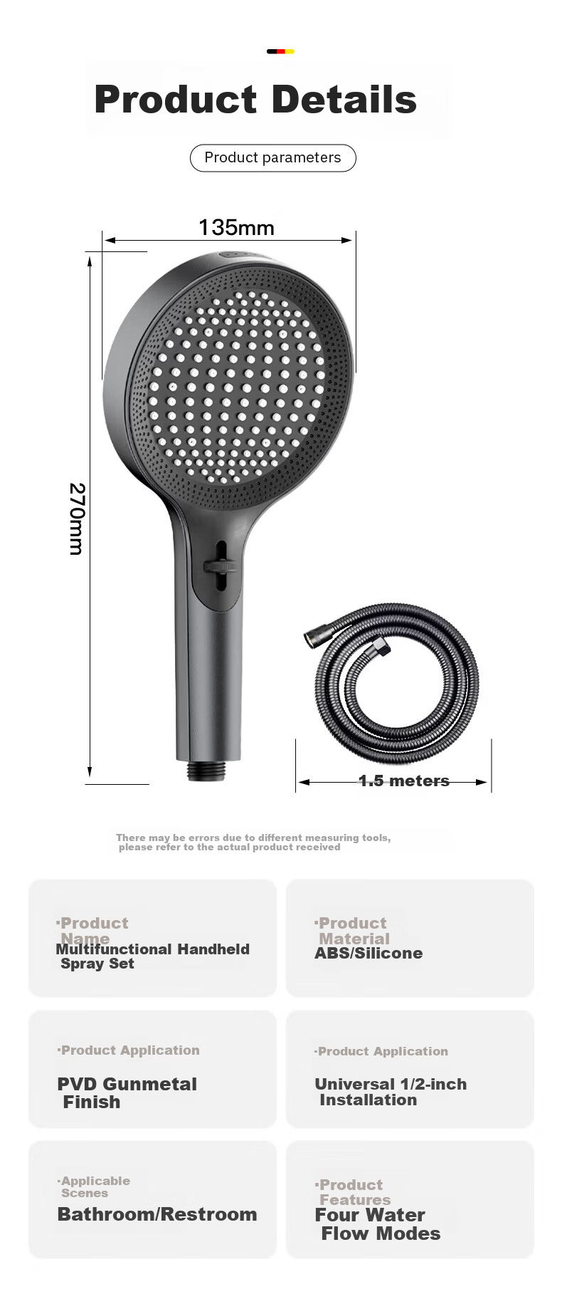 HOMK German Shower Set High-Pressure Shower Head with Hose Bathroom Shower Sprayer 8
