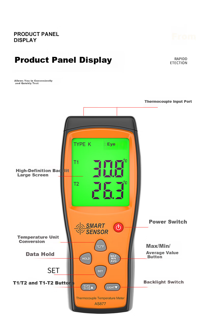 CEM AS887 Four-Channel Thermocouple Temperature Meter K-Type Thermocouple Probe High-Precision Thermometer 6