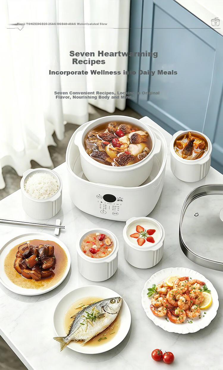 TONZE Electric Stew Pot, Double Boiler, Home Automatic Soup Maker, Ceramic Inner Pot, Bird's Nest Stew Pot, Special Steam Stewing Multi-Function Cooker, One Pot with 4 Inner Pots, DGD25-25AG 6