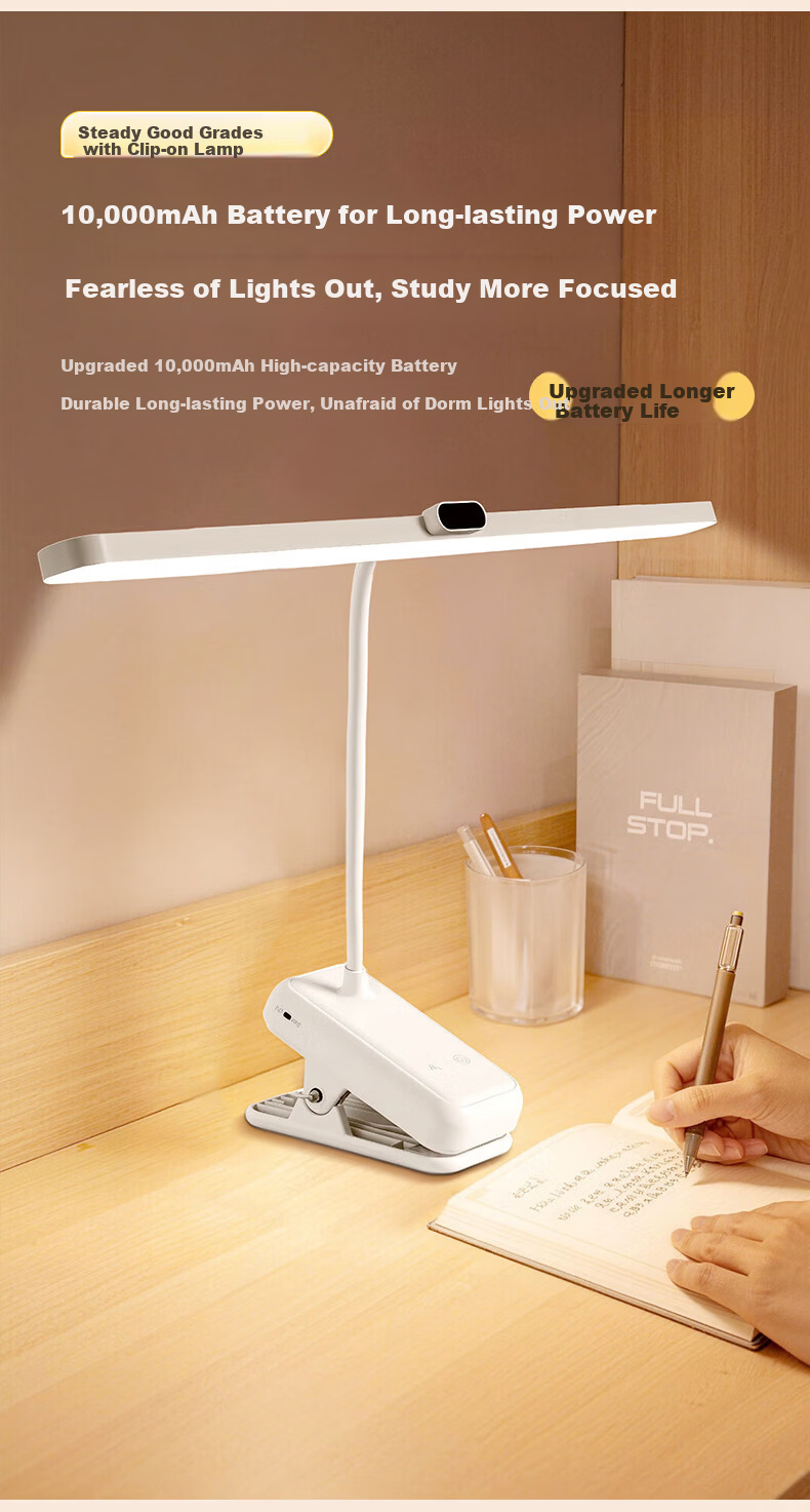 Datouren Grade A Rechargeable Desk Lamp Long Battery Life Clip Light Bedroom College Dormitory Study Eye Protection Lamp 6000mAh 10