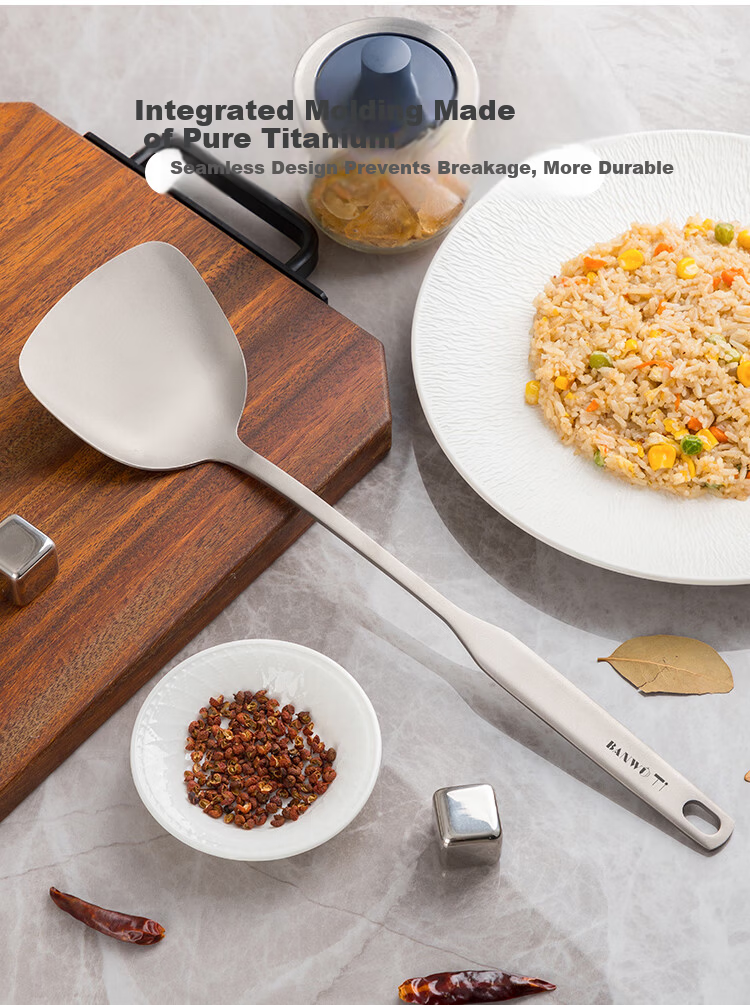 Banwu Life Pure Titanium Food-Grade Cooking Spatula Long Handle High-Temperature Resistant Non-Stick Kitchen Wok Spatula 8