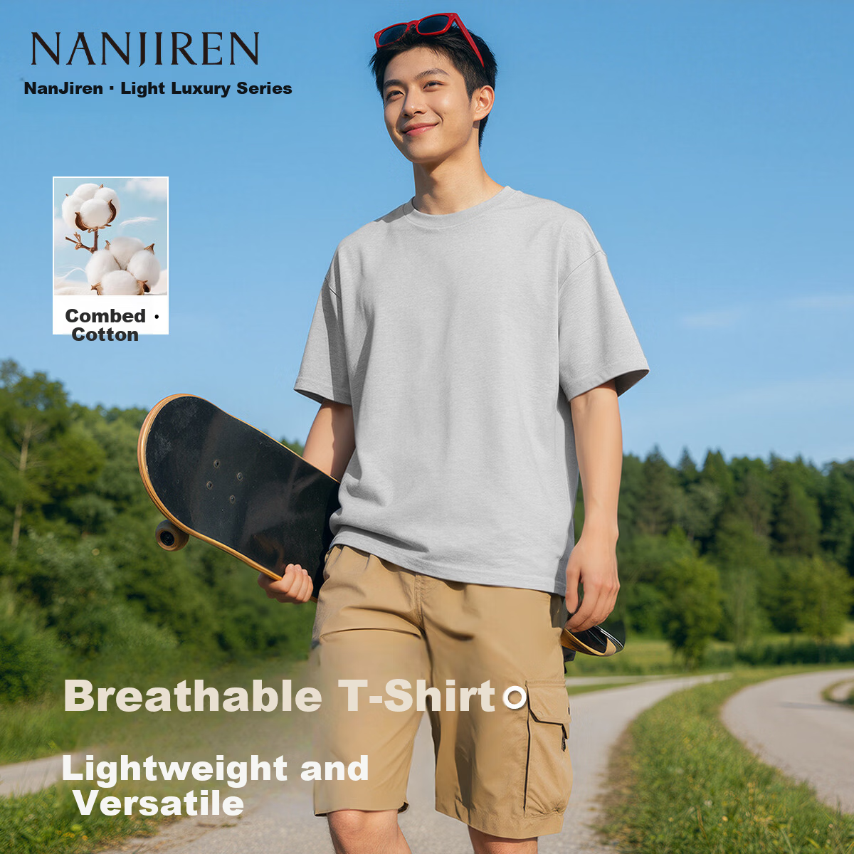 Nanjiren Men's Summer Heavyweight Pure Cotton Short Sleeve T-Shirt Basic Casual Solid Color Half Sleeve Top 3