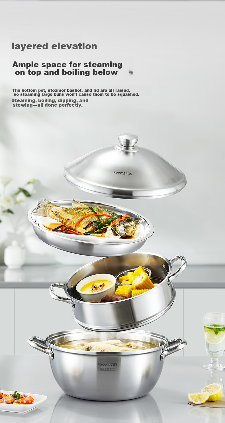 Joyoung 304 Stainless Steel Steamer Pot, Double Layer, 30cm, Suitable for 3-4 People, Compatible with Induction Cookers, Ideal for Steaming Fish and Buns 8