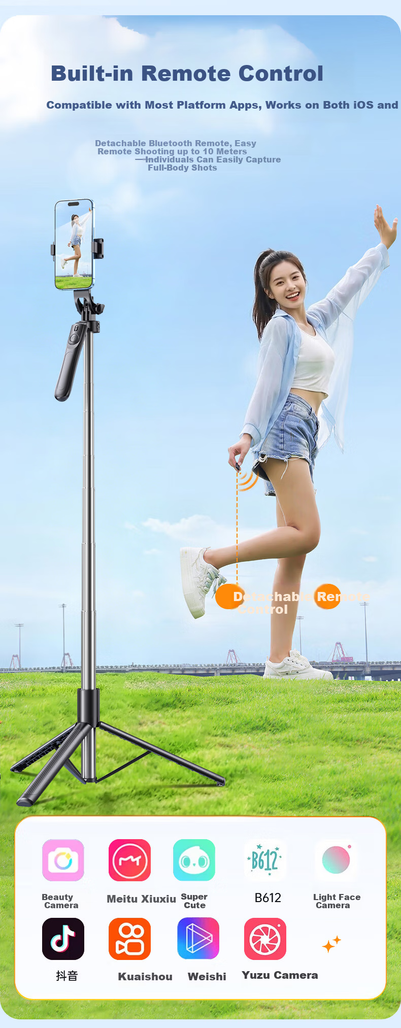 Lingchen 1.88m Professional Selfie Stick Tripod Phone Holder Floor-Standing Selfie Device 360° Rotating Stabilizer Bluetooth Remote Control Travel Live Streaming Stand Single Light Version 15