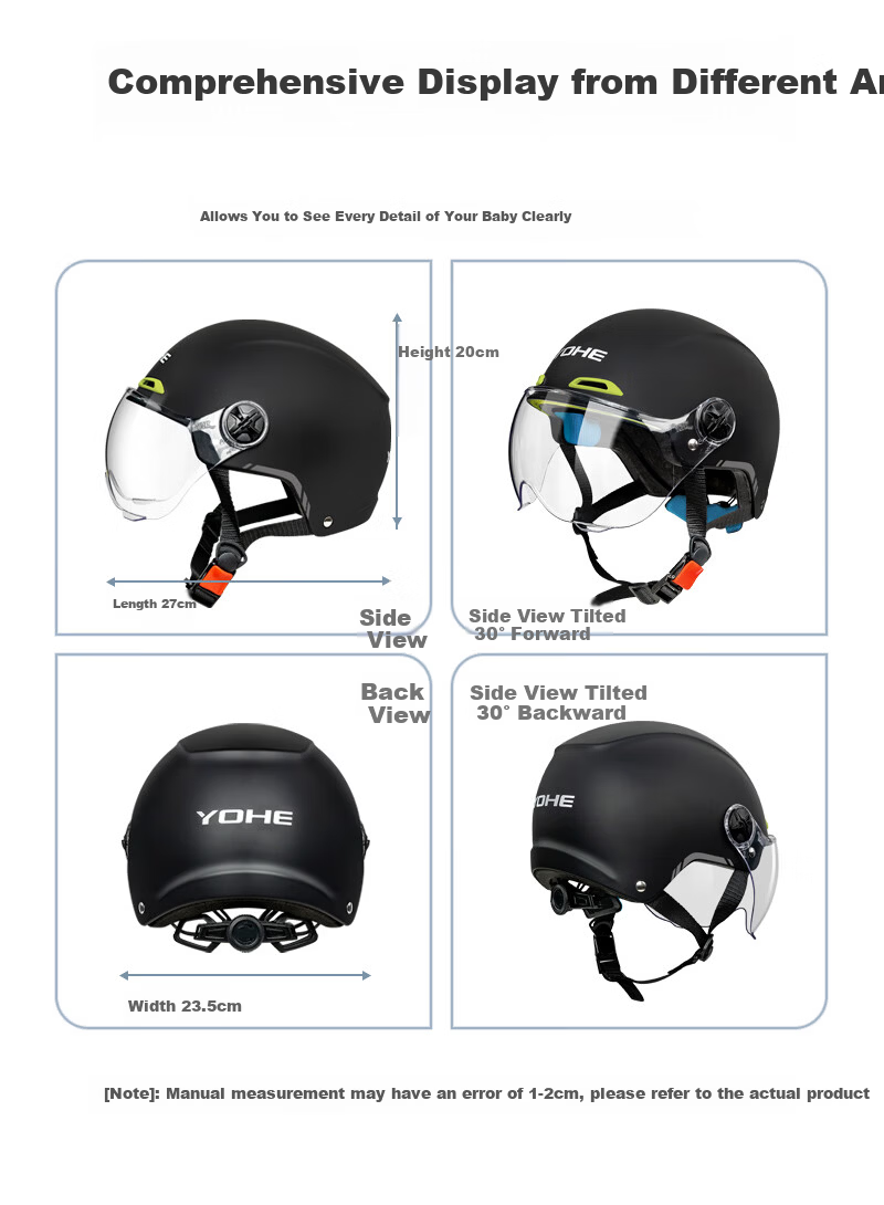 YOHE Eternal New National Standard Class A 3C Certified Electric Vehicle Helmet Women's Summer Four Seasons Electric Scooter Half Helmet Men's Lightweight Motorcycle Safety Helmet DK1 Energy Black One 17