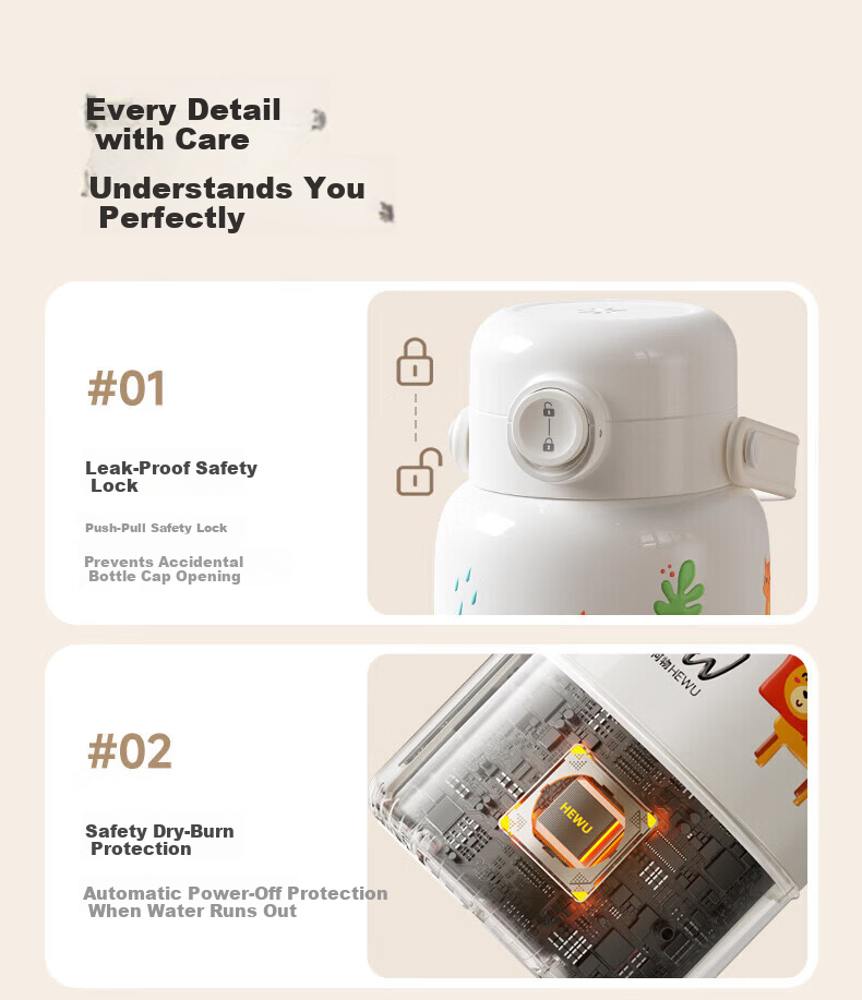 HeWu Portable Thermostatic Kettle Thermos Baby Travel Milk Frother Wireless Electric Boiling Water Cup Three Modes 34