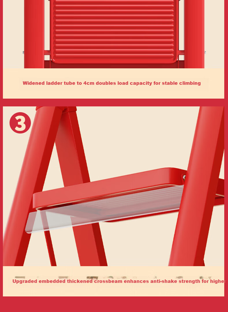 Hakkai Bird Household Folding Three-Step Ladder Thickened Telescopic Red Step Ladder for Housewarming 3