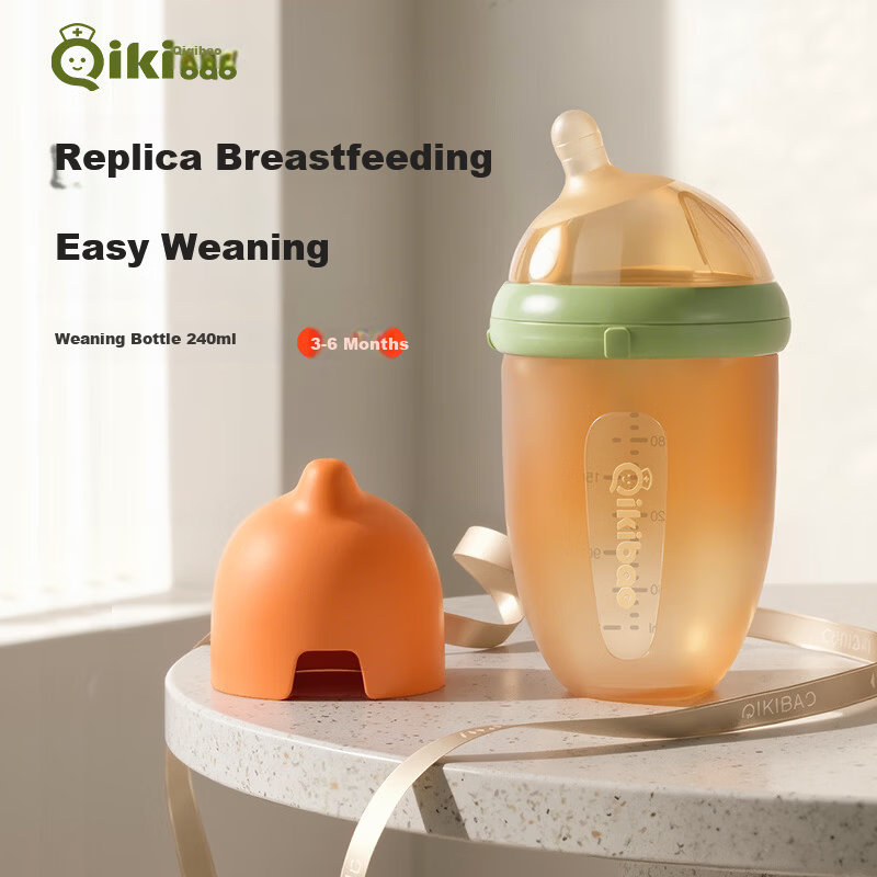 Qikibao Silicone Weaning Bottle 240ml with Nipple for 3-6 Months+ Realistic Breastfeeding Anti-Colic Newborn Baby Product