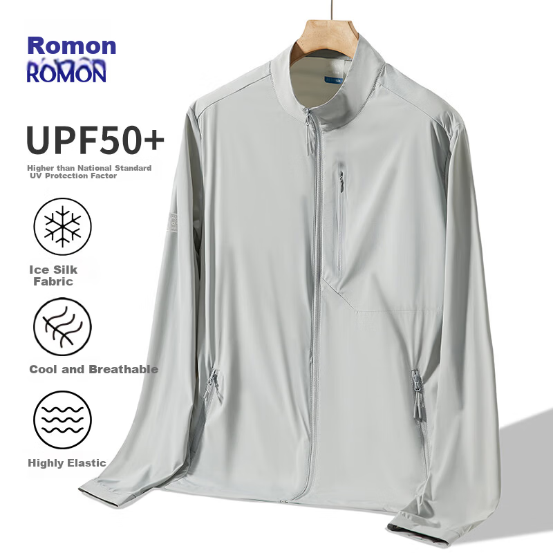ROMON Men's Summer Thin Quick-Dry Ice Silk Breathable Stand Collar Executive Jacket Quick-Dry Coat 001 Light Gray L