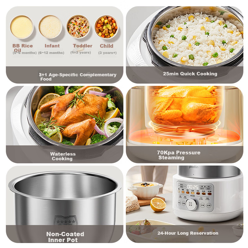 PLODON Baby Rice Oil Supplementary Food Electric Pressure Cooker, Non-Coated Multifunctional BB Infant Small Home Electric Rice Cooker 2L
