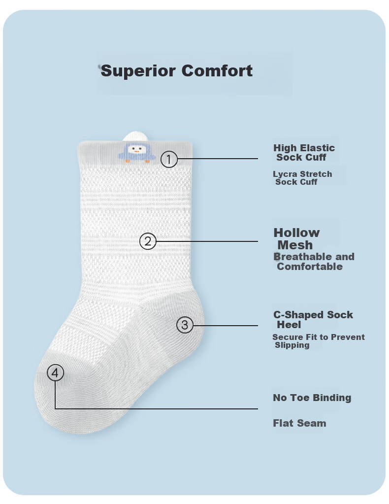 Aibao Baby Socks Summer Thin Mesh Mid-calf Solid Cotton Socks for Babies Children 3 Pairs T316 Size S 2