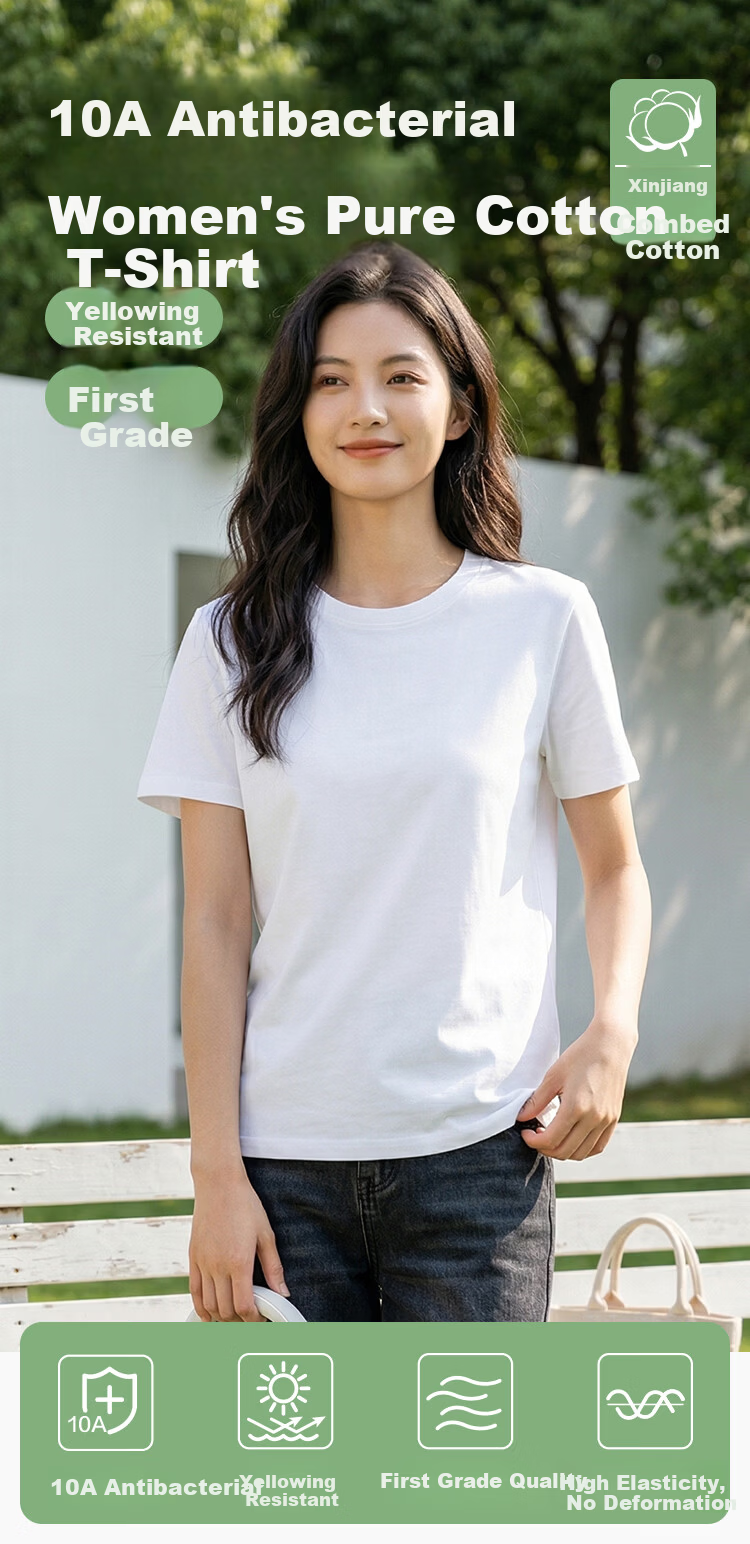 Jingshuran Gift Cotton Women's Antibacterial Pure Cotton Sweat-Absorbing Breathable Short Sleeve T-Shirt White XL 2