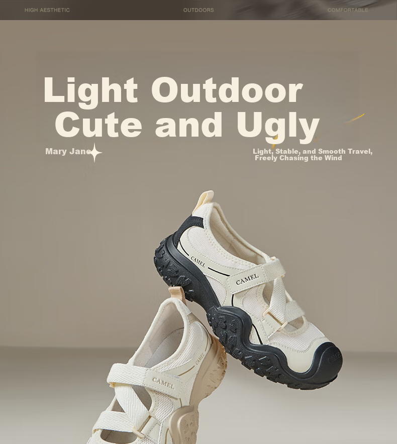 CAMEL Cute Ugly Style Women's Lightweight Outdoor Hook and Loop Hollow Thick Sole Casual Sandals L26S469185 Off-White/Black 36 1