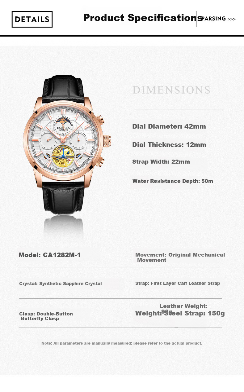 CALUOLA Men's Automatic Mechanical Watch Multifunction Leather Strap Fashion Business Wristwatch Birthday Gift 6