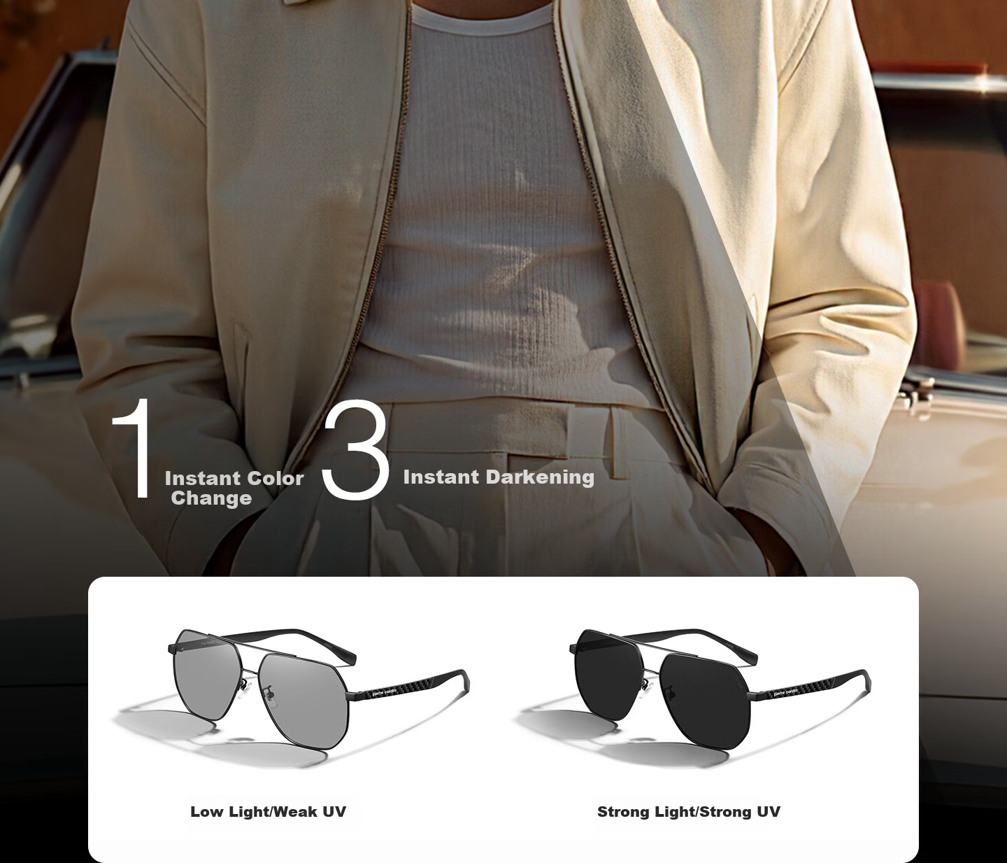 Pierre Cardin French Carbon Fiber Polarized Sunglasses Men Photochromic Day Night Driving Glasses New Model 14