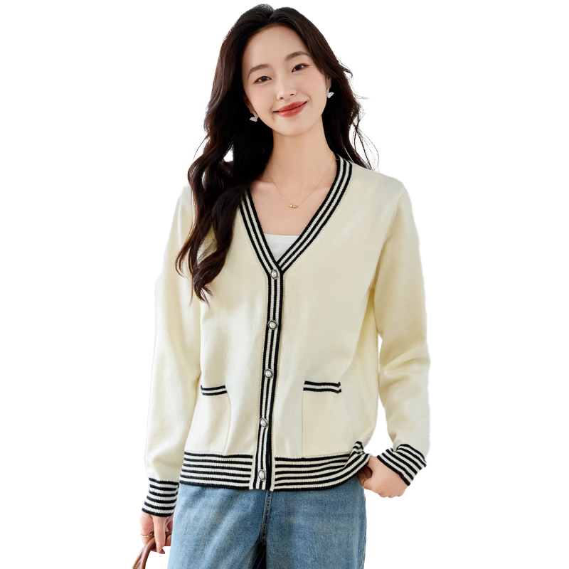 Chushen Women's Spring and Autumn Knitted V-Neck Sweater Color-Block Design Cardigan Jacket S143Z1008