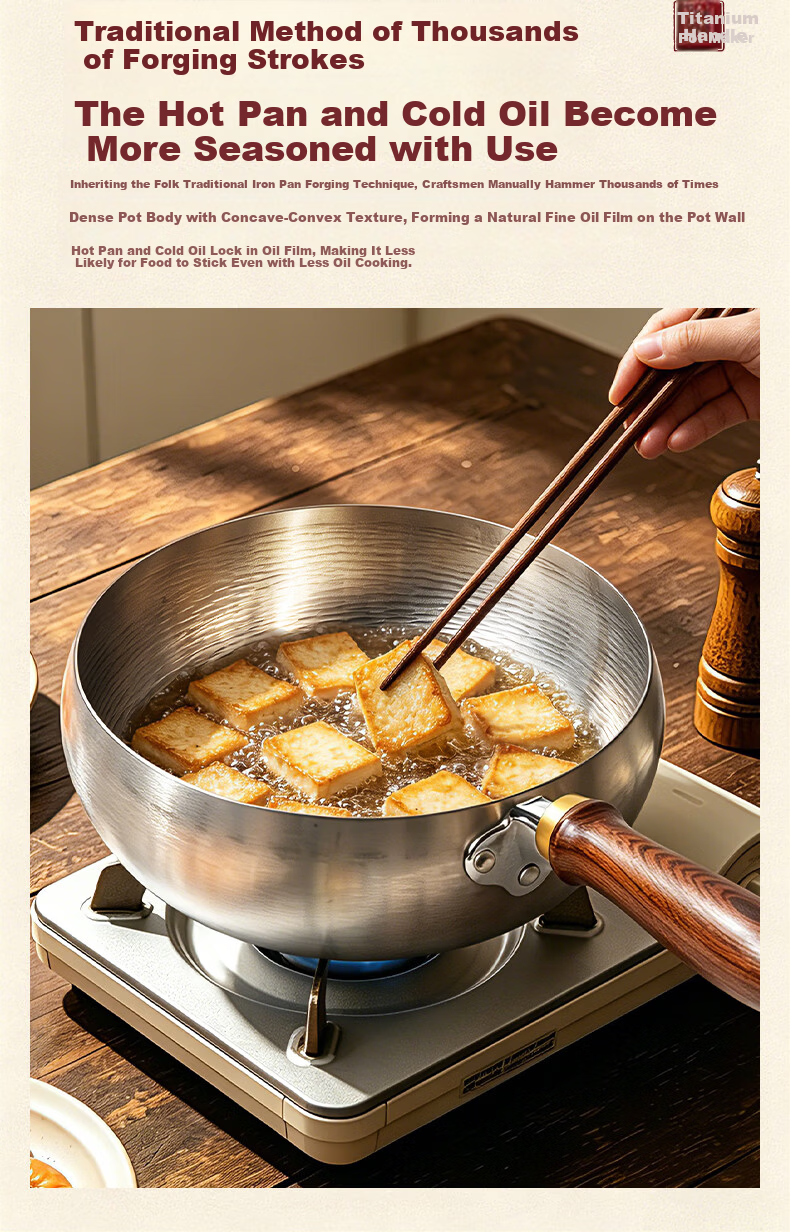 OLOFE Large Belly Pot Zhangqiu Handmade Forged Pure Titanium Small Frying Pan Old Guandong Non-Coated Non-Stick Titanium Wok 26cm 9