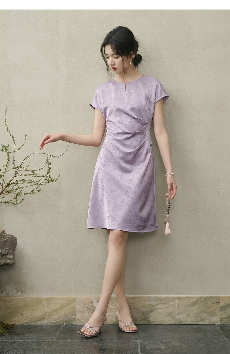 Shangdu Bila Elegant Slimming National Style Summer Dress for Women with Beaded Buttons, Round Neck, Flutter Sleeves, A-Line Jacquard Mid-Length Dress 12