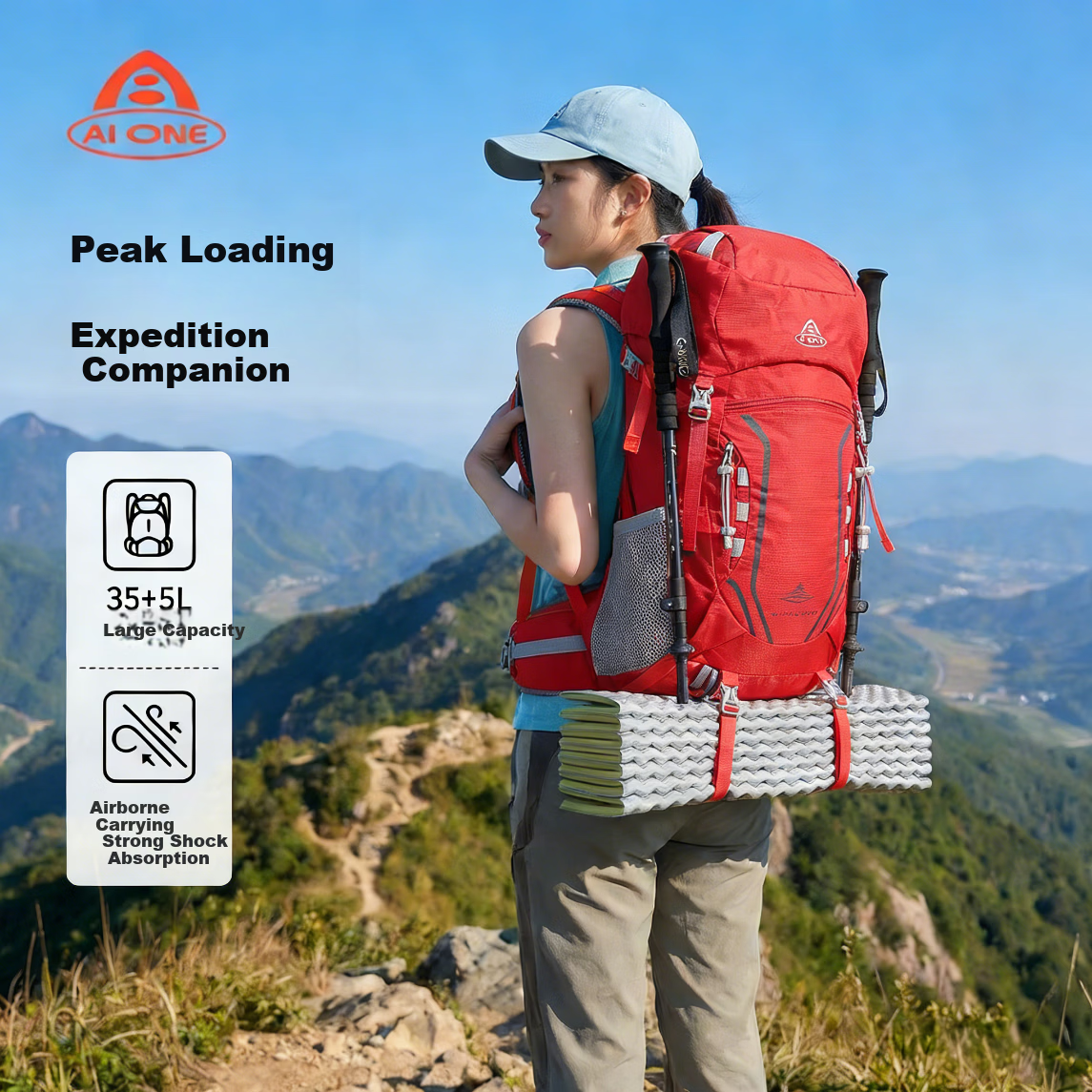 AiWang Women's Oxford Cloth Hiking Backpack Men's Outdoor Suspension Load Heavy Duty Large Capacity Travel 35+5L Red