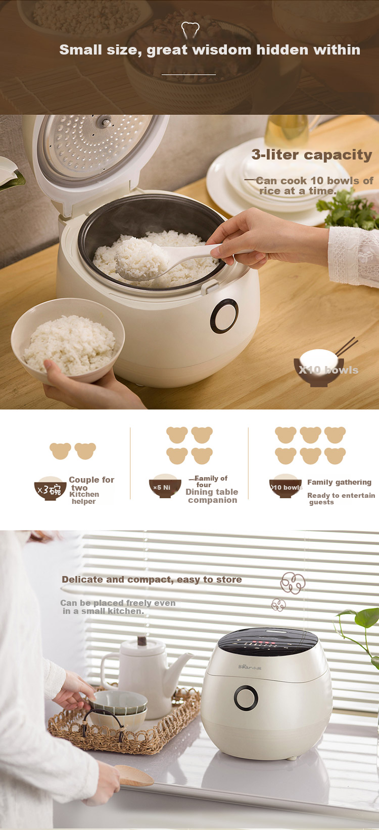 Bear Rice Cooker for 2-3 People, Healthy Non-Stick Iron Pot with Zero Fluorine, IH Three-Dimensional Heating, Smart Reservation, Multifunctional Rice Cooker 3L DFB-Q30V3 2