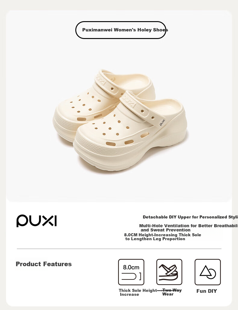 Puxi Women's Thick Sole EVA Slip-On Summer Clogs Non-Slip Odor-Resistant Cloud White Sandals Size 33-34 1
