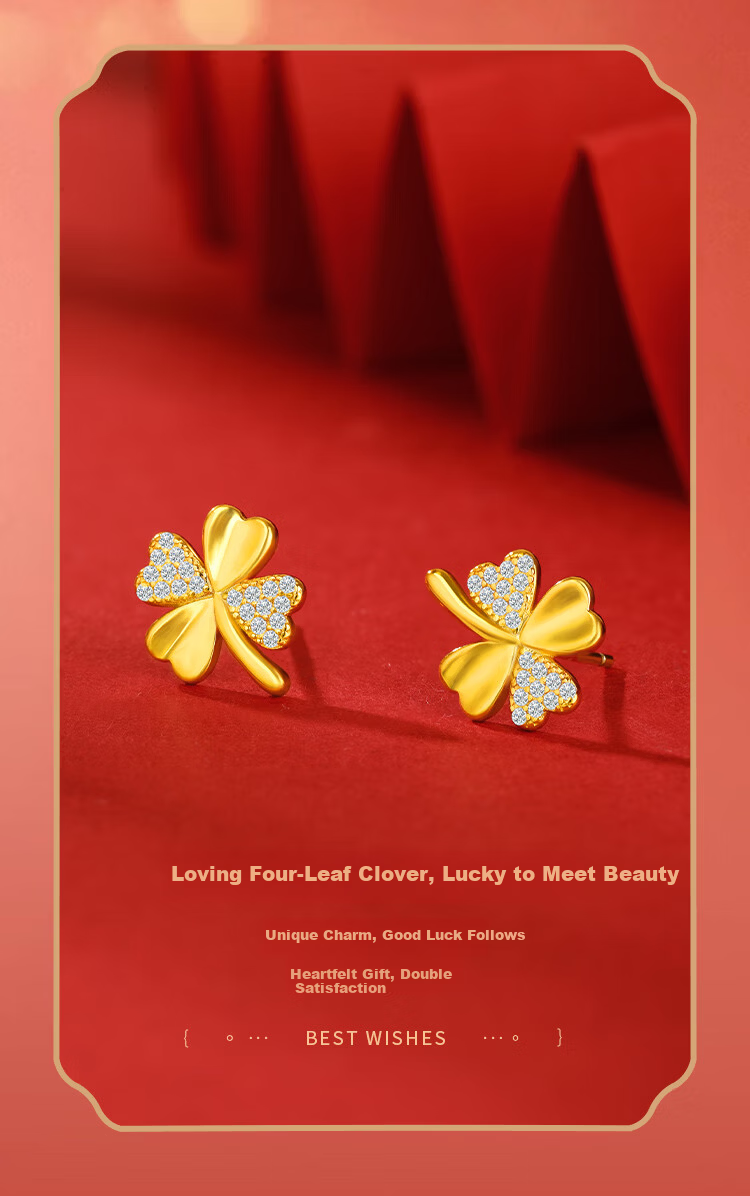 Jinliufu Auspicious Earrings Pure Silver Gold S925 Silver Morning Clover Lucky Birthday Gift 4