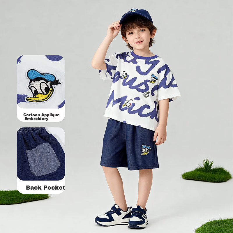 Disney Boys Comfortable Trendy Short Sleeve and Shorts Set Summer New Two-Piece Purple Size 90